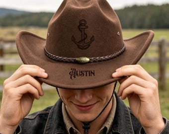 Personalized Engraved Wide Brim Cowboy Hat, Custom Burnt Felt Unisex Texas Style Hat with Name