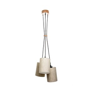 May include: A three-light pendant lamp with a wooden top and three beige fabric shades. The lamp hangs from black cords and is suitable for a dining room or kitchen. The wooden top is 4 inches in diameter.