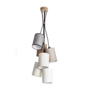 May include: A modern chandelier with six cylindrical lampshades in various neutral colors, including gray, beige, and white. The shades hang from black cords attached to a wooden ceiling mount. The design is minimalist and suitable for interior lighting.