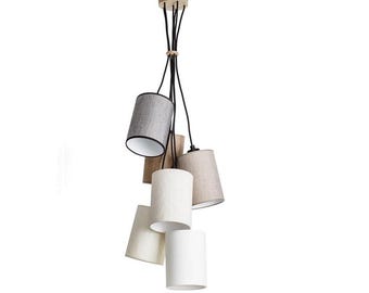 Pendant Lamp Oslo Z-6 with 6 Fabric Shades Ø150xH200, Ash Wood Base, 1000mm Height, Black or White Cable, E27 Sockets