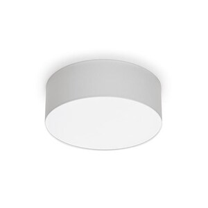 May include: A round, flush-mount ceiling light fixture. The light has a white, circular diffuser and a light gray cylindrical shade. The fixture is designed to be mounted directly to the ceiling, providing a clean, modern look.
