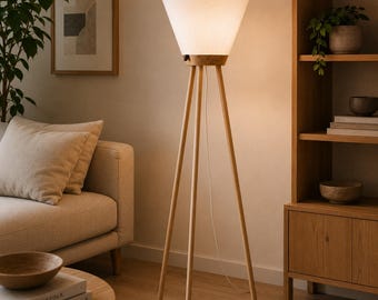 Pumba LS Floor Lamp, Ash Wood Base, Fabric Shade, Scandinavian Design