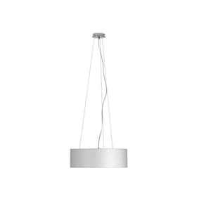 May include: A modern, white cylindrical pendant light fixture. The light hangs from the ceiling by thin, silver-colored wires and a central power cord. The shade is a solid, opaque white, and the fixture is set against a plain white background.