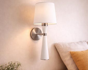 BARON Wall Sconce | Industrial Wood Wall Light | Fabric Shade | Adjustable | E27 Socket