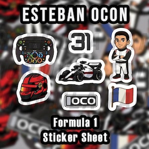 Esteban Ocon Formula 1 Sticker Sheet – Premium Vinyl F1 Stickers | Perfect Gift for F1 Fans - Haas