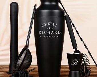 Coctelera de acero grabado en negro mate para whisky y alcohol, juego de vino personalizado con base, herramientas para barman de Martini, regalo para padre y esposo