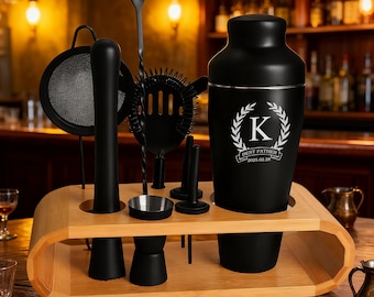 Engraved Steel Matte Black Whiskey Shaker with base , Custom Cocktail set With base , Martini Bartender Tools , Gift for father husband