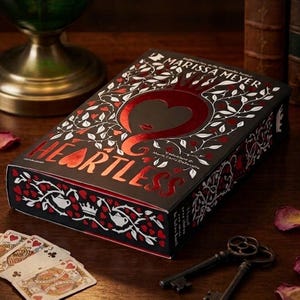 Könnte beinhalten: Eine schwarze Box mit dem Titel "HEARTLESS" in roter Metallic-Schrift. Die Box zeigt ein Herzdesign mit floralen und Dornen-Akzenten. Spielkarten und antike Schlüssel sind sichtbar.