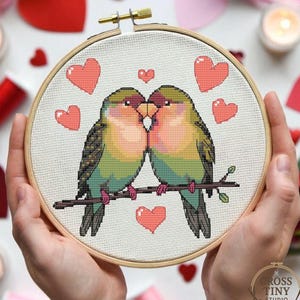 May include: A cross-stitch embroidery hoop with two birds kissing, set against a backdrop of pink hearts. The birds are depicted with green, yellow, and purple feathers. The hoop is held by hands, with a gold-coloured clasp.
