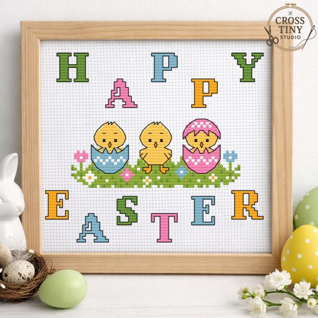 Happy Easter Cross Stitch Pattern – Cute Chicks Embroidery, Easter ...