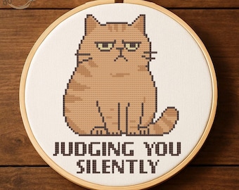 Patrón de punto de cruz de gato gracioso en PDF: Bordado de gato gruñón sarcástico, patrón con cita de meme, diseño de bordado de animal moderno (descarga instantánea)