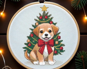 Weihnachtswelpe Kreuzstichmuster - süsser Hund Stickerei Winter Weihnachtsschmuck, Weihnachtsdeko Weihnachten, PDF (Instant Download)