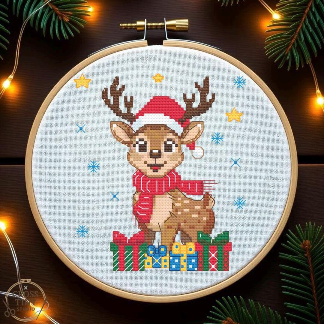 Christmas Reindeer Cross Stitch Pattern: Santa Hat, Gifts (PDF) - Etsy