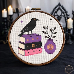 Summerween Raven Cross Stitch Pattern, Witchy Crow Embroidery PDF, Gothic Halloween Design with Vase, Dark Aesthetic Chart
