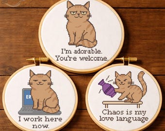 Bundel grappige kat kruissteekpatroon – Sassy Kitty Quotes, moderne pdf-set dierenborduurwerk, humor kattenontwerpen (direct downloaden)