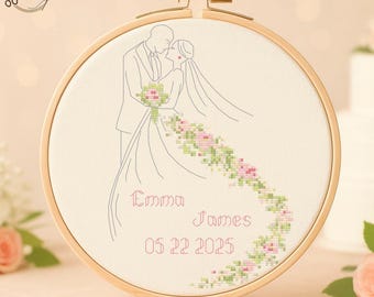 Wedding Cross Stitch Pattern Personalized, Bride and Groom Silhouette Embroidery, Custom Names Date Wedding PDF (Instant Download)