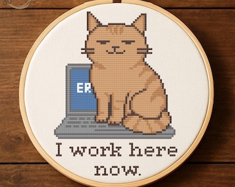 Snarky Cat Cross Stitch Pattern – Funny Cat with Laptop, Work From Home, Home Office Decor, Coworker Gift (Instant Download PDF)