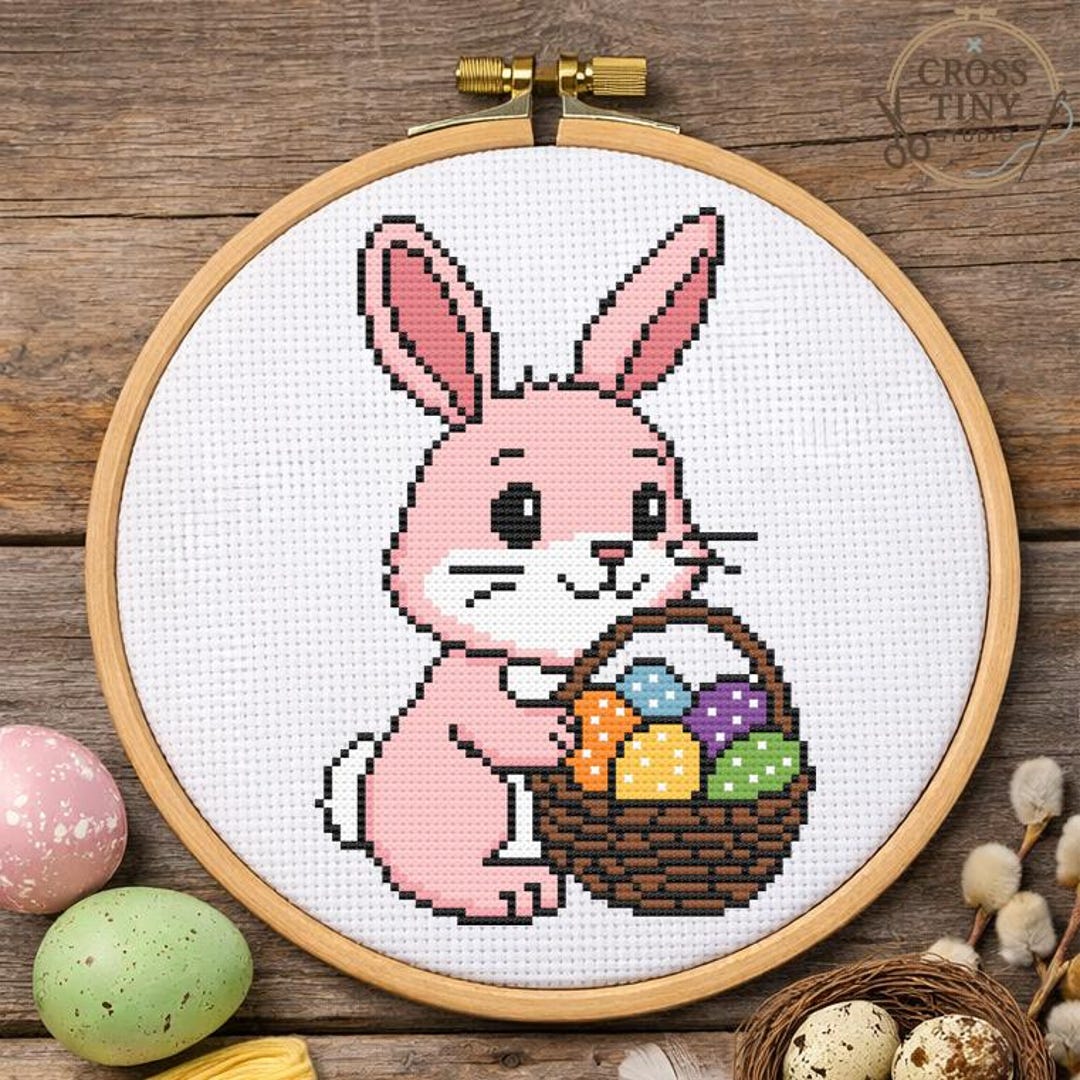 Easter Bunny Cross Stitch Pattern – Cute Rabbit With Basket Embroidery ...