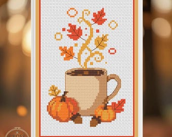 Pumpkin Spice Coffee Cup Cross Stitch Pattern: Autumn Leaves (PDF)
