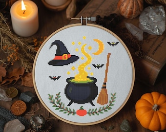 Witchy Cauldron Cross Stitch Pattern: Gothic Halloween Embroidery (PDF Download)