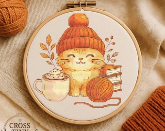 Autumn Cat Cross Stitch Pattern: Cozy Fall Embroidery (PDF Download)