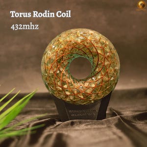 Torus Rodin Coil with 432 MHz Frequency - Green Copper Wire, White Quartz, Yellow Quartz, Resin Orgone Donut, EMF Support Tool