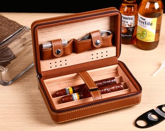 Personalized Humidor Cigar Case Box with accessories, Leather Cigar Holder Box, Travel Cigar Humidor Case for Him, Custom Cigar gift for Dad