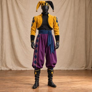 Court Jester Costume for Men, Gold Purple Harlequin Costume Set, Jacket Puffy Pants Jingle Hat Halloween Fool Cosplay