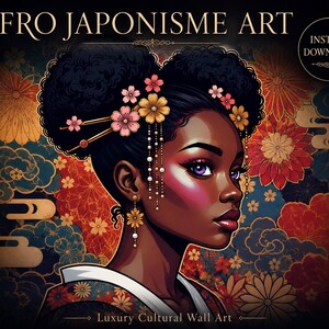May include: Digital art print featuring a Black woman with an Afro hairstyle adorned with floral hair accessories. The artwork is set against a backdrop of Japanese-inspired floral and cloud motifs. The text "AFRO JAPONISME ART" is at the top.