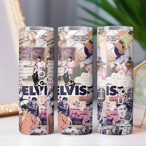 Elvis Presley Tumbler Wrap | Retro Rock n Roll Collage Design | 20 Unzen Skinny Sublimation PNG