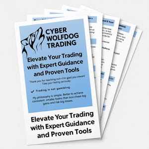 May include: A stack of white informational cards with blue text and a wolf logo. The cards promote "Cyber Wolfdog Trading" and offer expert guidance and proven tools for trading. The text includes a thank you message and a statement that trading is not gambling.