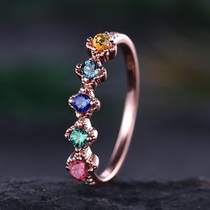 Multicolor Gemstone Half Eternity Wedding Band Round Ruby Emerald Sapphire Topaz Citrine Stacking Rings Handmade Jewelry Anniversary Gift
