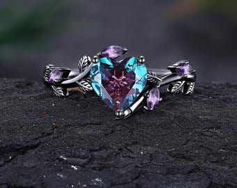 Anello di fidanzamento vintage con cuore in alessandrite, design unico con foglia gotica, anello di nozze in ametista, anello nuziale da donna, regalo di anniversario per lei