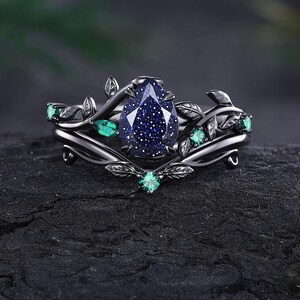 Vintage Blauer Sandstein Verlobungsring Set Schwarz Gold Smaragd Ehering Einzigartige Blatt Design Braut Versprechen Band Stacking Ringe für Sie