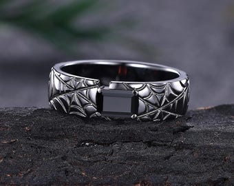 Vintage Men's Black Onyx Engagement Band Gothic 14K Black Gold Nature Inspired Spiderweb Eternity Men's Wedding Band Punk Jewelry Gift