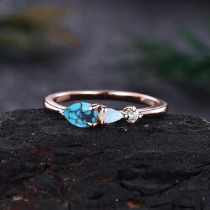Turquoise Engagement Ring Vintage Pear Cut Turquoise&White Opal Wedding Band 14K Rose Gold Stacking Rings Birthstone Ring Anniversary Gift