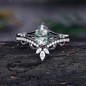 Conjunto de anillos de compromiso vintage de ágata musgosa de pera, anillos apilables de promesa nupcial, diseño único de hoja de oro negro de 14 quilates, regalo de aniversario de boda