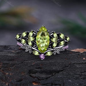 Vintage Marquise Peridot Engagement Ring Set Unique Black Gold Leaf Design Amethyst Wedding Ring Bridal Stacking Rings Anniversary Gift