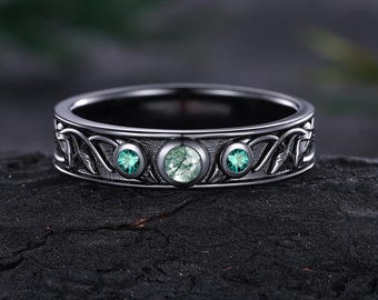 Vintage Round Moss Agate Wedding Rings Leaf Mens Ring Emerald Engagement Mens Wedding Band Nature Inspired Anniversary Gift For Men