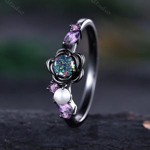 Black Fire Opal Engagement Ring Unique 14K Black Gold Fire Opal Love Promise Ring Amethyst&Pearl Stacking Wedding Rings Anniversary Gift