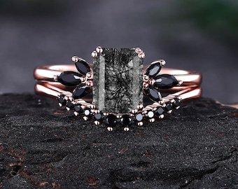 Anello vintage con quarzo rutilato nero taglio smeraldo, anello di fidanzamento in oro rosa 14 carati con onice nera, anello nuziale impilabile da sposa, regalo di anniversario