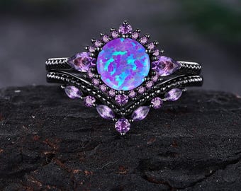 Vintage Lavender Purple Opal  Engagement Rings  14K Black Gold Flowers Design Amethyst Wedding Ring Bridal Stacking Rings Anniversary Gift