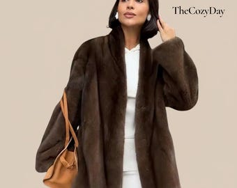 Chocolate Brown Faux Fur Coat - Belted Wrap Jacket - Elegant Winter Outerwear for Women - Mid Length Kimono Style Robe - Old Money Aesthetic