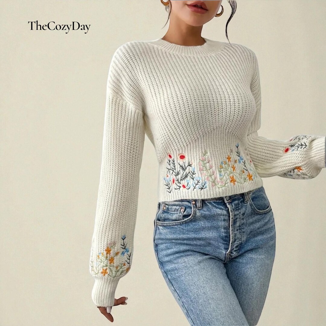 Pull Brodé De Fleurs Douillet | Tricot De Style Vintage | Pull Court ...