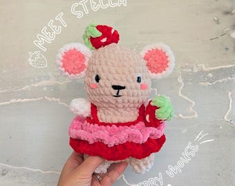 Custom Crochet Mouse Plushie: Chenille Amigurumi; Strawberry Dress