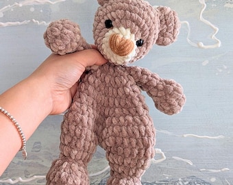 Crochet Bear Snuggler: Handmade Chenille Plushie; Baby Gift