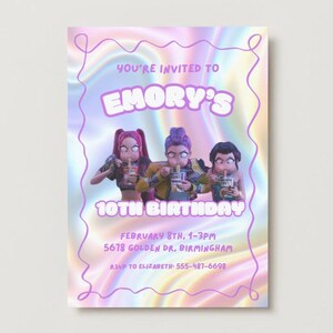 May include: A birthday invitation with a holographic background and a decorative border. The text reads "You're Invited to Emory's 10th Birthday." Three cartoon figures are holding drinks. The invitation includes date, time, and location details.