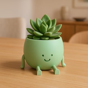 May include: A light green succulent plant in a round, smiling planter with legs. The succulent has multiple green leaves. The planter has a happy face design and is sitting on a wooden table.