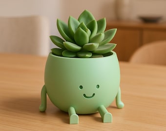 May include: A small, light green succulent plant in a round, smiling planter with legs. The succulent has multiple green leaves. The planter has a happy face design and is sitting on a wooden table.