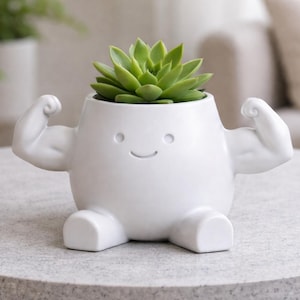 May include: A white ceramic planter shaped like a muscular figure, with arms flexed and legs extended. The planter holds a green succulent plant. The planter has a smiling face and is on a gray table.
